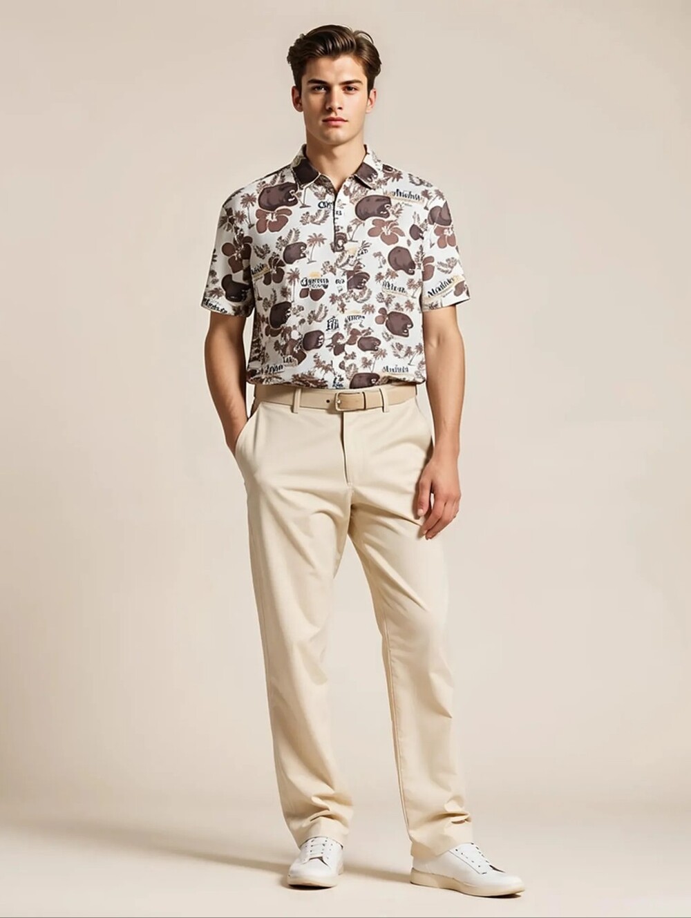 ModelCo White and Brown Tropical Logo Short-Sleeve Shirt